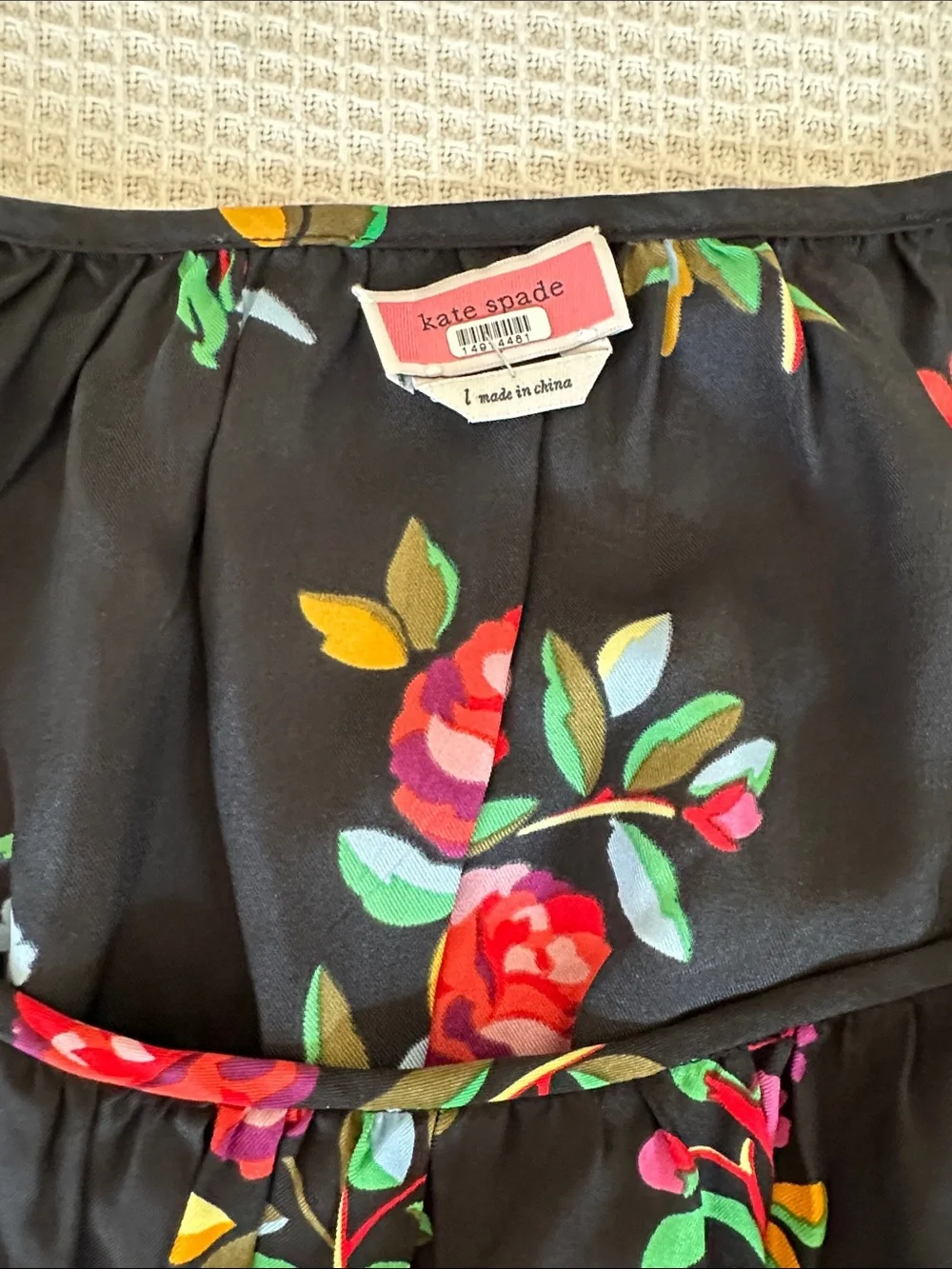 Kate Spade Floral Smocked Waist Blouse Black & Floral sz L